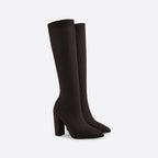 Black Women's Knit Knee High Boots with Block Heel & Pointed Toe - Studio Pair Side