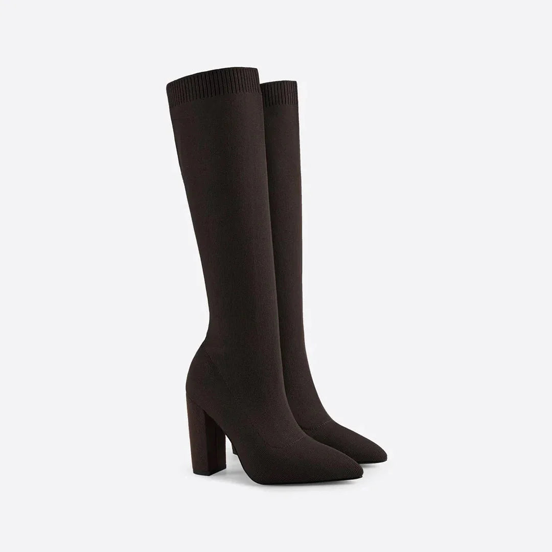 Black Women's Knit Knee High Boots with Block Heel & Pointed Toe - Studio Pair Side