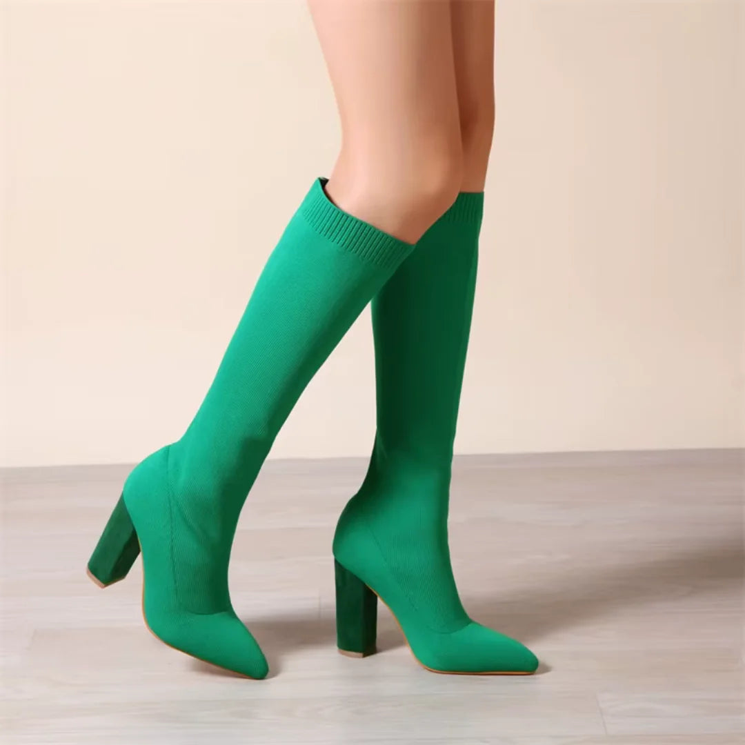 Women's Knit Knee High Boots with Block Heel & Pointed Toe - Model Walking