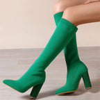 Green Women's Knit Knee High Boots with Block Heel & Pointed Toe - Seated Pose