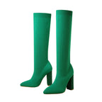 Women's Knit Knee High Boots with Block Heel & Pointed Toe - Studio Pair Front
