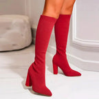 Red Women's Knit Knee High Boots with Block Heel & Pointed Toe - Front Full