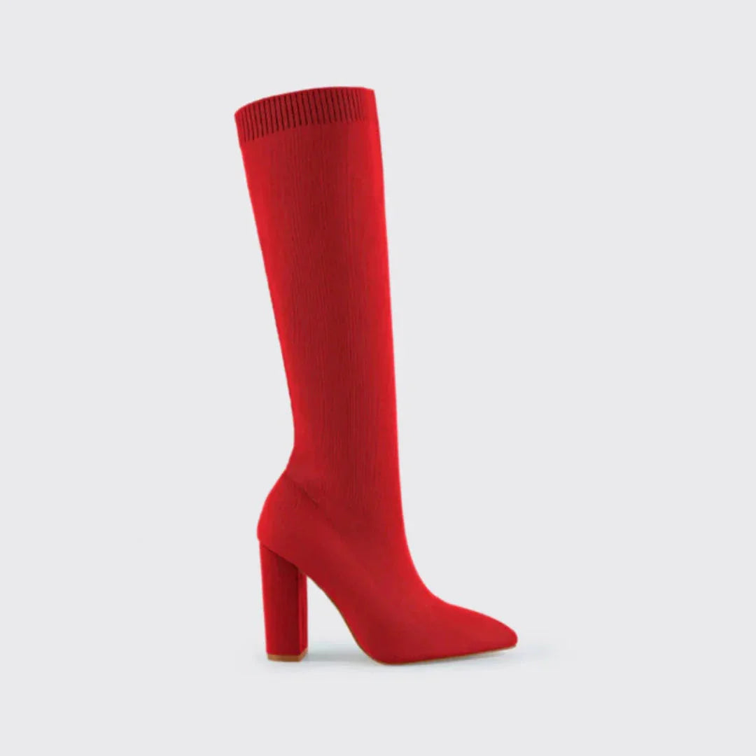 Women's Knit Knee High Boots with Block Heel & Pointed Toe - Studio Front Single