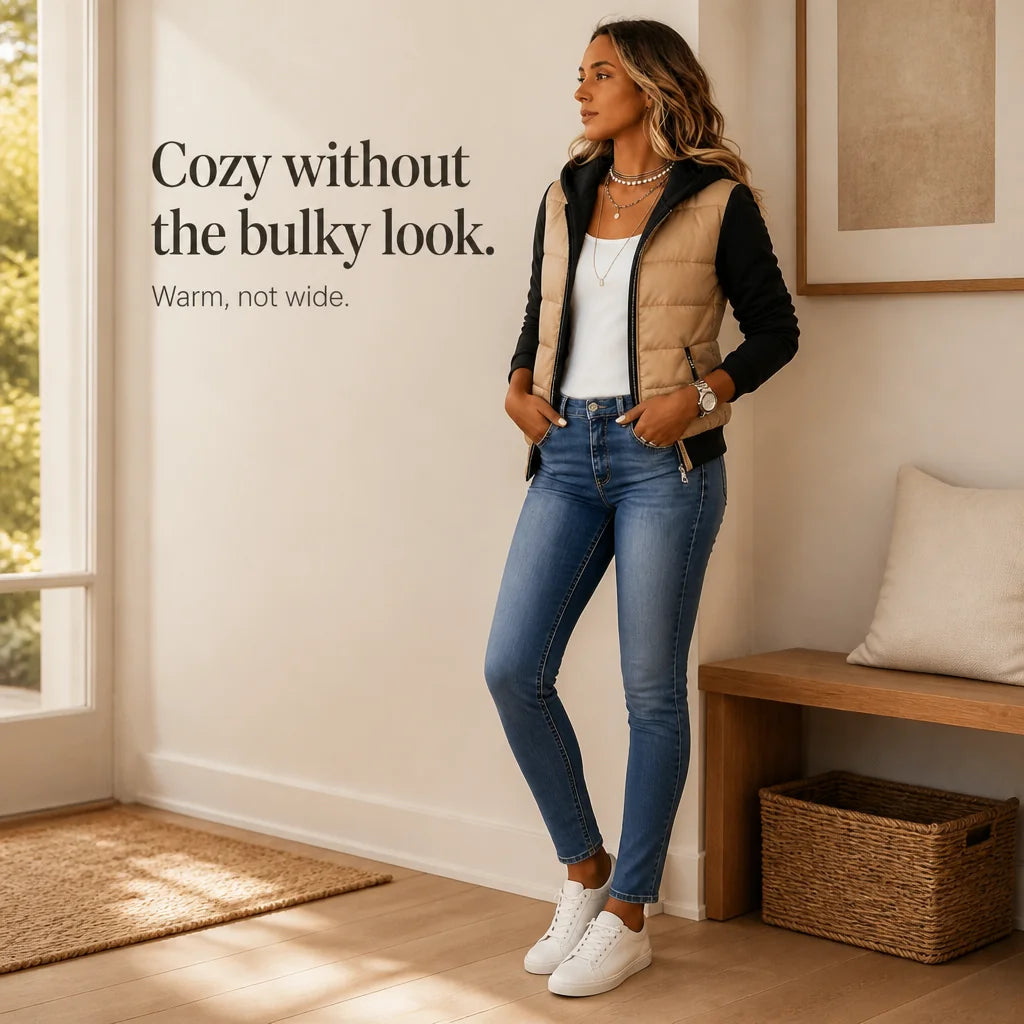 Women's Knit Sleeve Puffer Jacket with Quilted Front & Ribbed Hood - Hallway Full Body