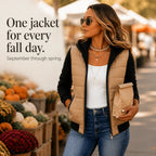 Women's Knit Sleeve Puffer Jacket with Quilted Front & Ribbed Hood - Market Outdoor Pose