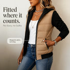 Women's Knit Sleeve Puffer Jacket with Quilted Front & Ribbed Hood - Side Pose Detail