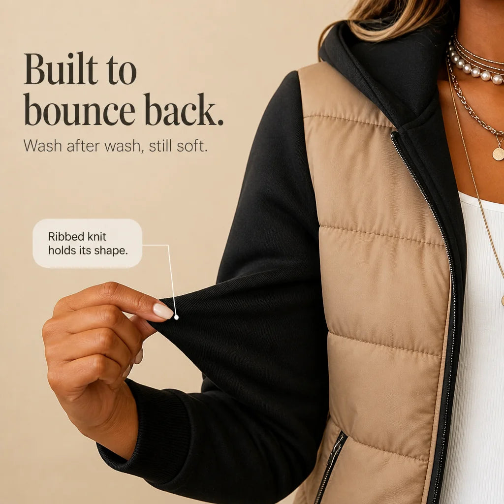 Women's Knit Sleeve Puffer Jacket with Quilted Front & Ribbed Hood - Sleeve Cuff Detail