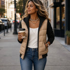 Women's Knit Sleeve Puffer Jacket with Quilted Front & Ribbed Hood - Worn Lifestyle Coffee