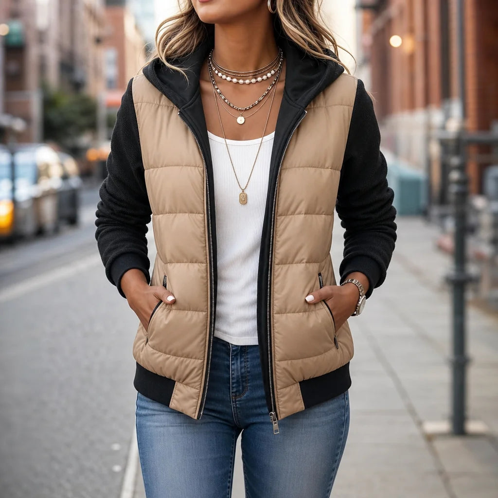 Black Women's Knit Sleeve Puffer Jacket with Quilted Front & Ribbed Hood