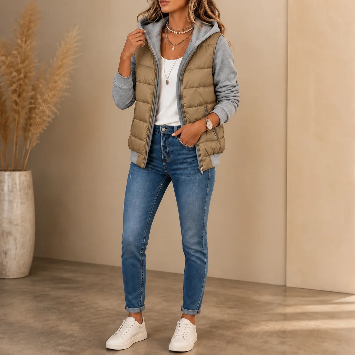Grey Women's Knit Sleeve Puffer Jacket with Quilted Front & Ribbed Hood