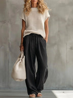 Black Women's Knit Top & Linen Pants Set — Brittany Wide-Leg Drawstring - Front Lifestyle