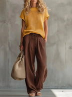 Coffee Women's Knit Top & Linen Pants Set — Brittany Wide-Leg Drawstring - Side Pose