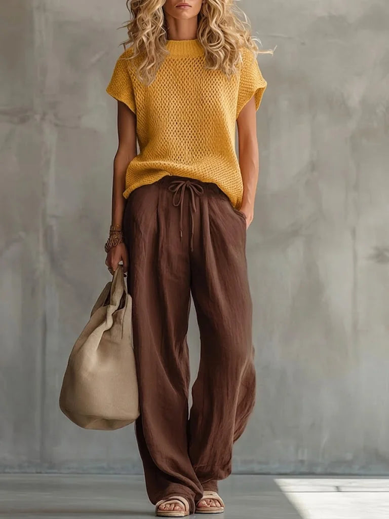 Coffee Women's Knit Top & Linen Pants Set — Brittany Wide-Leg Drawstring - Side Pose