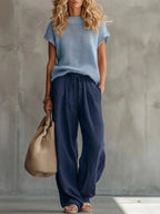 Navy Women's Knit Top & Linen Pants Set — Brittany Wide-Leg Drawstring - Front Pose