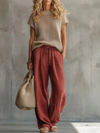 Red Women's Knit Top & Linen Pants Set — Brittany Wide-Leg Drawstring - Front Full