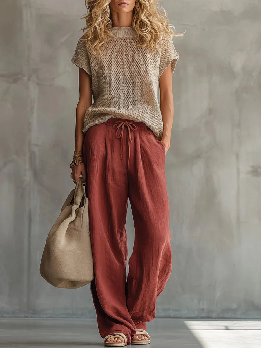 Red Women's Knit Top & Linen Pants Set — Brittany Wide-Leg Drawstring - Front Full