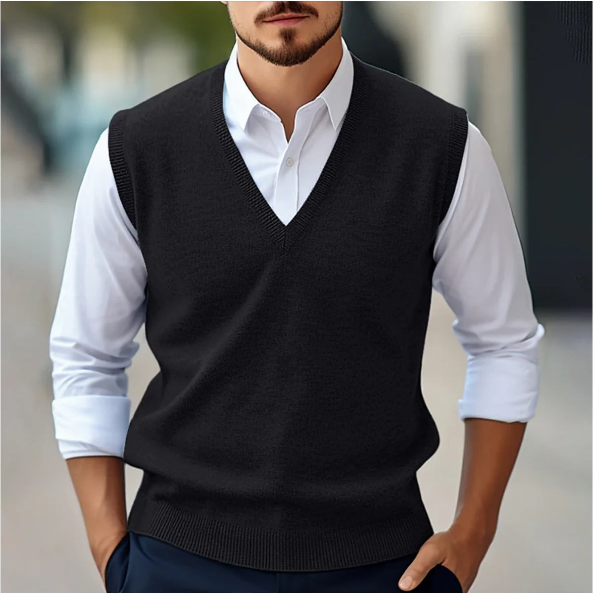 Black Men's Tailored Knit V-Neck Vest