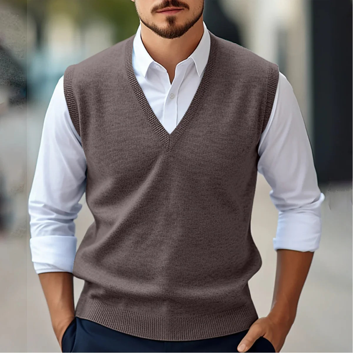 Brown Men's Tailored Knit V-Neck Vest — Ezra