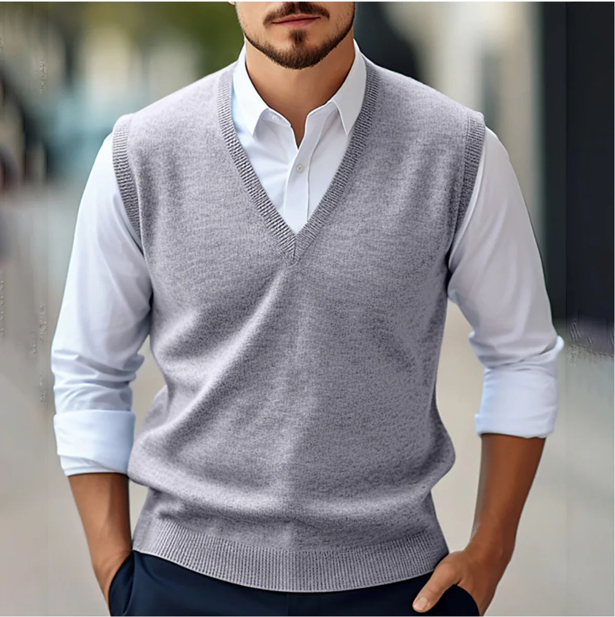 Grey Men's Tailored Knit V-Neck Vest