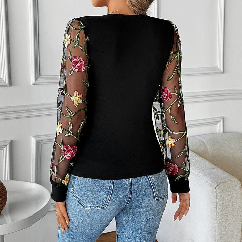 Black Women's Floral Embroidered Lace Blouse with Plunging V-Neck & Mesh Sleeves — Blythe - Back Detail