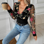 Black Women's Floral Embroidered Lace Blouse with Plunging V-Neck & Mesh Sleeves — Blythe - Close Up Coffee