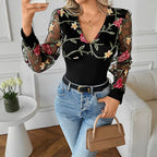 Black Women's Floral Embroidered Lace Blouse with Plunging V-Neck & Mesh Sleeves — Blythe - Mirror Selfie