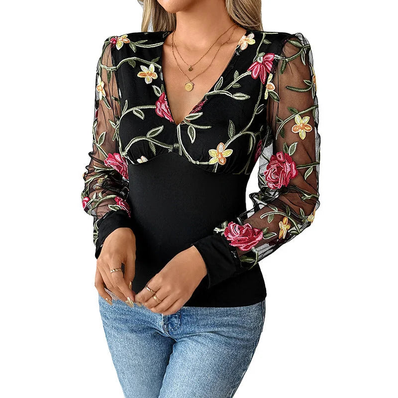 Black Women's Floral Embroidered Lace Blouse with Plunging V-Neck & Mesh Sleeves — Blythe - Studio Close Up