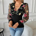 Black Women's Floral Embroidered Lace Blouse with Plunging V-Neck & Mesh Sleeves — Blythe