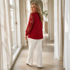 Burgundy Women's Lace Sleeve Top with Button-Front V-Neck & Crochet Trim — Alexa - Back View Full