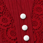 Burgundy Women's Lace Sleeve Top with Button-Front V-Neck & Crochet Trim — Alexa - Button Detail Close Up