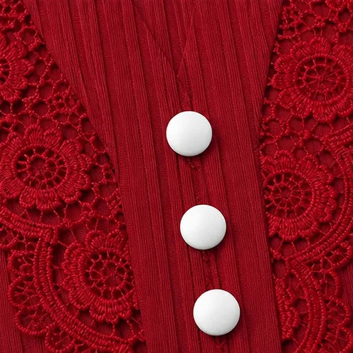 Burgundy Women's Lace Sleeve Top with Button-Front V-Neck & Crochet Trim — Alexa - Button Detail Close Up