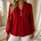 Burgundy Women's Lace Sleeve Top with Button-Front V-Neck & Crochet Trim — Alexa - Close Up Collar