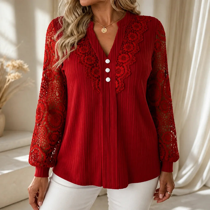 Burgundy Women's Lace Sleeve Top with Button-Front V-Neck & Crochet Trim — Alexa - Close Up Collar