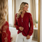 Burgundy Women's Lace Sleeve Top with Button-Front V-Neck & Crochet Trim — Alexa - Mirror Reflection