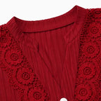 Burgundy Women's Lace Sleeve Top with Button-Front V-Neck & Crochet Trim — Alexa - Neckline Close Up