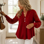 Burgundy Women's Lace Sleeve Top with Button-Front V-Neck & Crochet Trim — Alexa - Side Pose Door