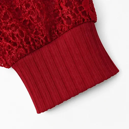 Burgundy Women's Lace Sleeve Top with Button-Front V-Neck & Crochet Trim — Alexa - Sleeve Cuff Detail