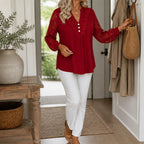 Burgundy Women's Lace Sleeve Top with Button-Front V-Neck & Crochet Trim — Alexa - Walking Entryway