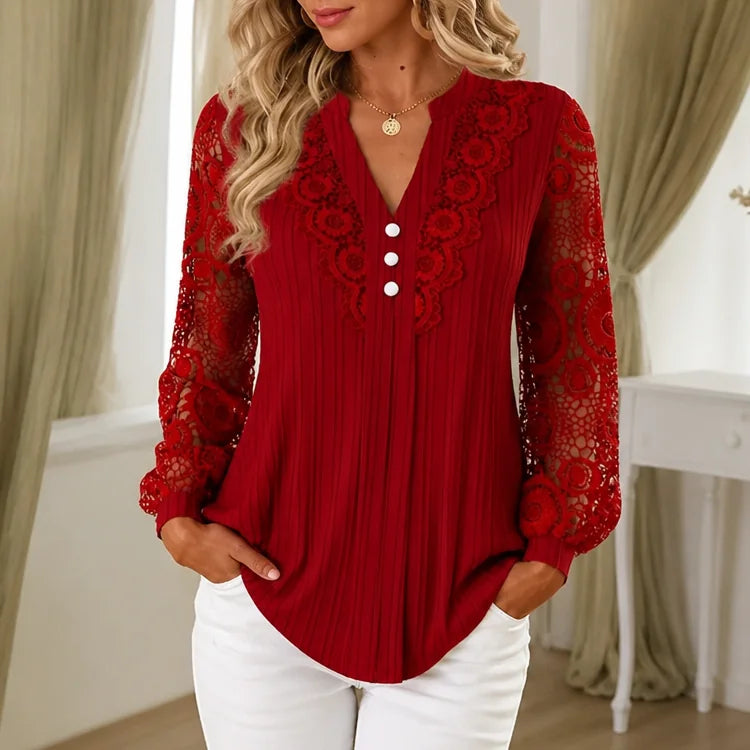 Burgundy Women's Lace Sleeve Top with Button-Front V-Neck & Crochet Trim — Alexa