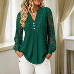Green Women's Lace Sleeve Top with Button-Front V-Neck & Crochet Trim — Alexa
