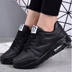 Black Women's Lace-Up Athletic Sneakers — Diana Faux Leather Cushioned Sole - Front Worn Closeup