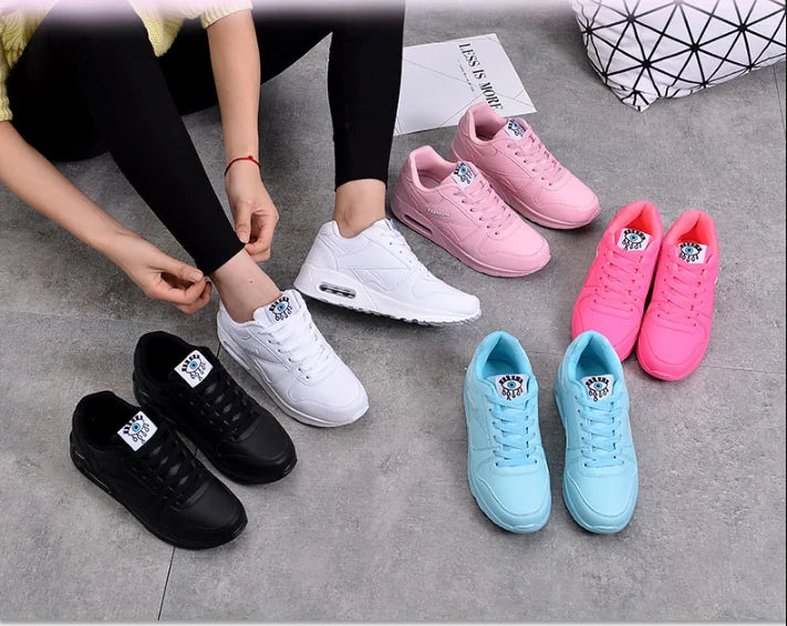 Multicolor Women's Lace-Up Athletic Sneakers — Diana Faux Leather Cushioned Sole - Group Flatlay