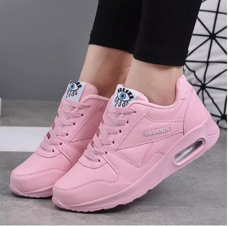 Pink Women's Lace-Up Athletic Sneakers — Diana Faux Leather Cushioned Sole - Front Worn Pose