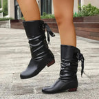 Black Women's Lace-Up Block Heel Boots with Slouchy Mid-Calf Silhouette — Halle - Outdoor Walking