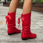 Red Women's Lace-Up Block Heel Boots with Slouchy Mid-Calf Silhouette — Halle - Back Detail