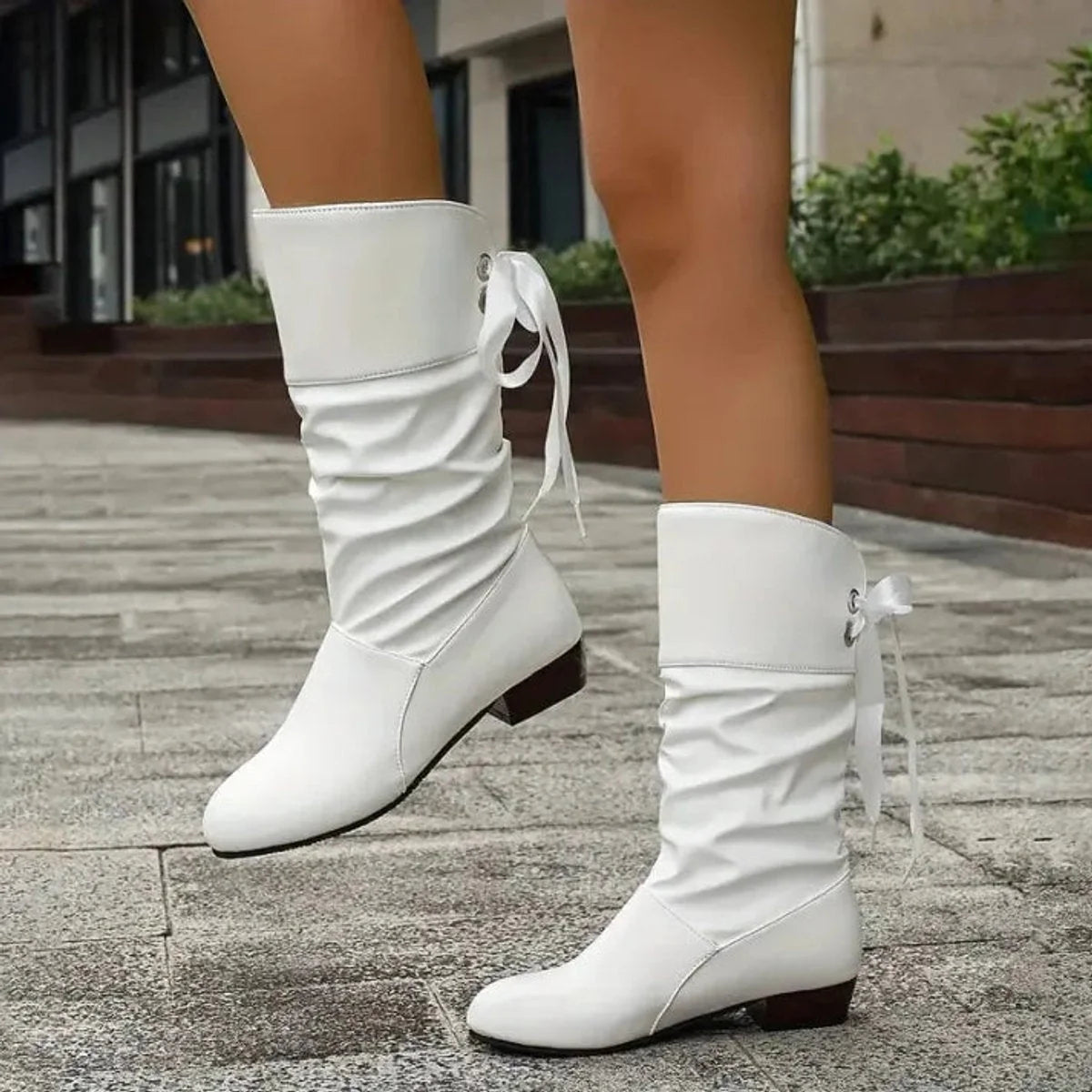 White Women's Lace-Up Block Heel Boots with Slouchy Mid-Calf Silhouette — Halle - Front Lift Pose