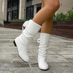 White Women's Lace-Up Block Heel Boots with Slouchy Mid-Calf Silhouette — Halle - Front Walking Pose