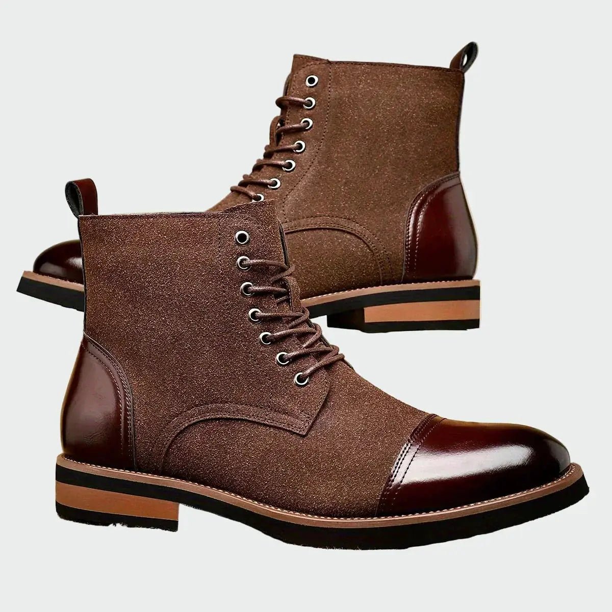 Brown Men's Lace-Up Oxford Shoes — Abby Cap Toe Suede Ankle Boots - Pair Front Side