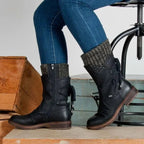 Black Women's Lace-Up Mid-Calf Winter Boots with Knit Cuff - Side Profile Seated