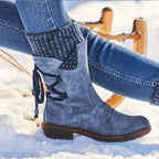 Blue Women's Lace-Up Mid-Calf Winter Boots with Knit Cuff - Close Up Lace Up